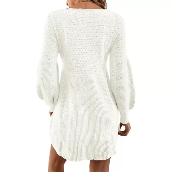 imageSaodimallsu Womens Crew Neck Mini Sweater Dress Lantern Sleeve High Waisted Rib Knit Dresses Cozy Pullover Long SweatersWhite