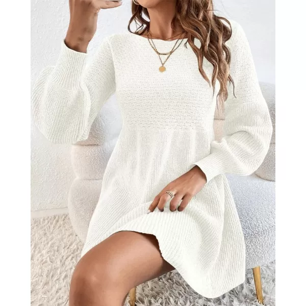 imageSaodimallsu Womens Crew Neck Mini Sweater Dress Lantern Sleeve High Waisted Rib Knit Dresses Cozy Pullover Long SweatersWhite