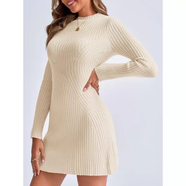 imageSaodimallsu Womens Long Sleeve Sweater Dress Bodycon Crew Neck 2024 Fall Slimming Knit Mini DressesBeige