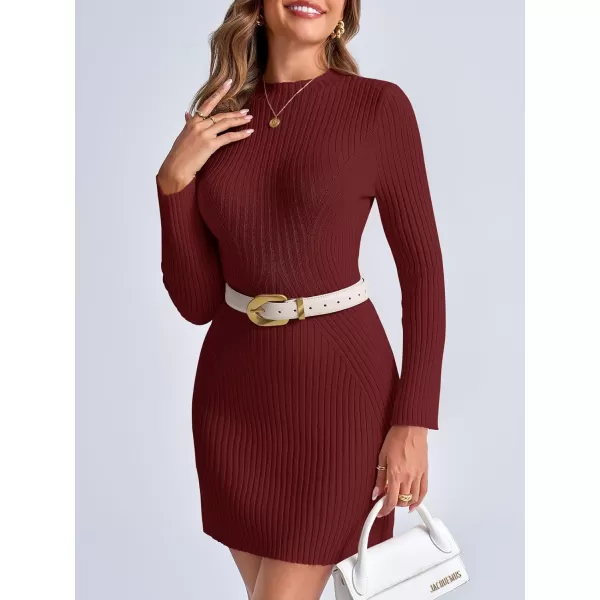 imageSaodimallsu Womens Long Sleeve Sweater Dress Bodycon Crew Neck 2024 Fall Slimming Knit Mini DressesBurgundy