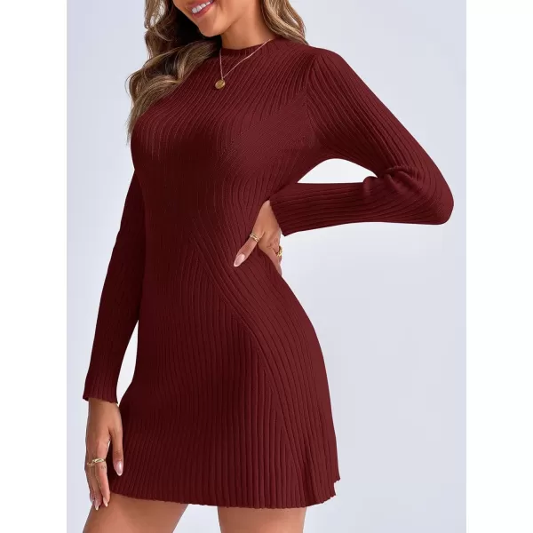 imageSaodimallsu Womens Long Sleeve Sweater Dress Bodycon Crew Neck 2024 Fall Slimming Knit Mini DressesBurgundy