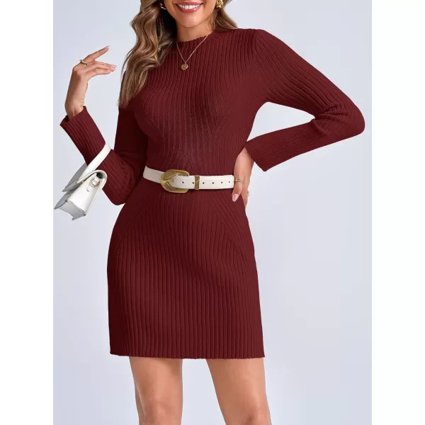 imageSaodimallsu Womens Long Sleeve Sweater Dress Bodycon Crew Neck 2024 Fall Slimming Knit Mini DressesBurgundy