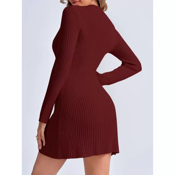 imageSaodimallsu Womens Long Sleeve Sweater Dress Bodycon Crew Neck 2024 Fall Slimming Knit Mini DressesBurgundy