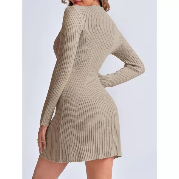 imageSaodimallsu Womens Long Sleeve Sweater Dress Bodycon Crew Neck 2024 Fall Slimming Knit Mini DressesKhaki