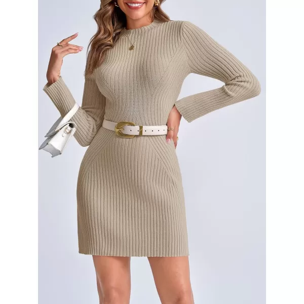 imageSaodimallsu Womens Long Sleeve Sweater Dress Bodycon Crew Neck 2024 Fall Slimming Knit Mini DressesKhaki