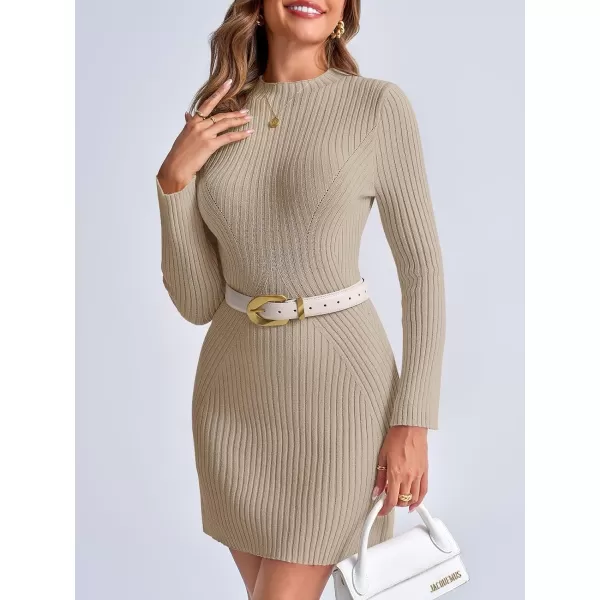 imageSaodimallsu Womens Long Sleeve Sweater Dress Bodycon Crew Neck 2024 Fall Slimming Knit Mini DressesKhaki