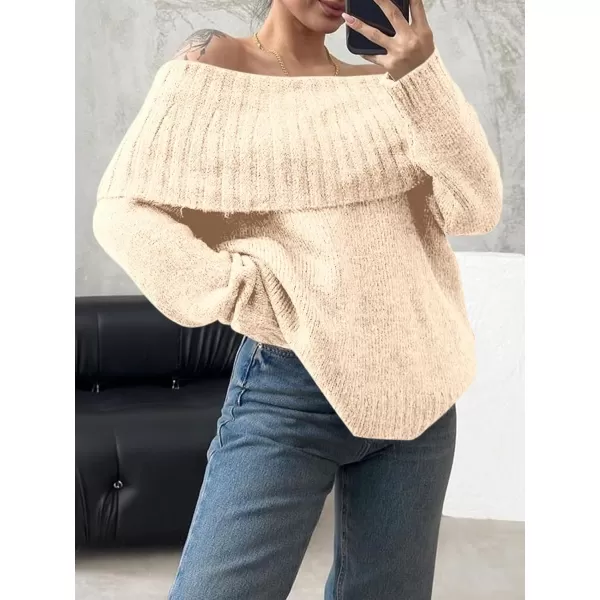 imageSaodimallsu Womens Off The Shoulder Sweaters Long Sleeve Slouchy Knitted Casual Loose Fall Trendy Pullover TopsBeige