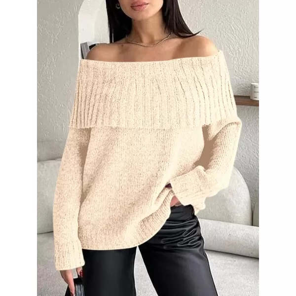 imageSaodimallsu Womens Off The Shoulder Sweaters Long Sleeve Slouchy Knitted Casual Loose Fall Trendy Pullover TopsBeige