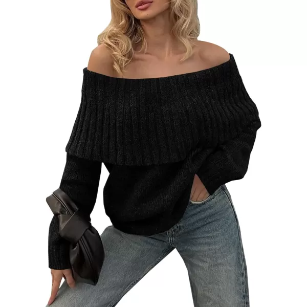 imageSaodimallsu Womens Off The Shoulder Sweaters Long Sleeve Slouchy Knitted Casual Loose Fall Trendy Pullover TopsBlack