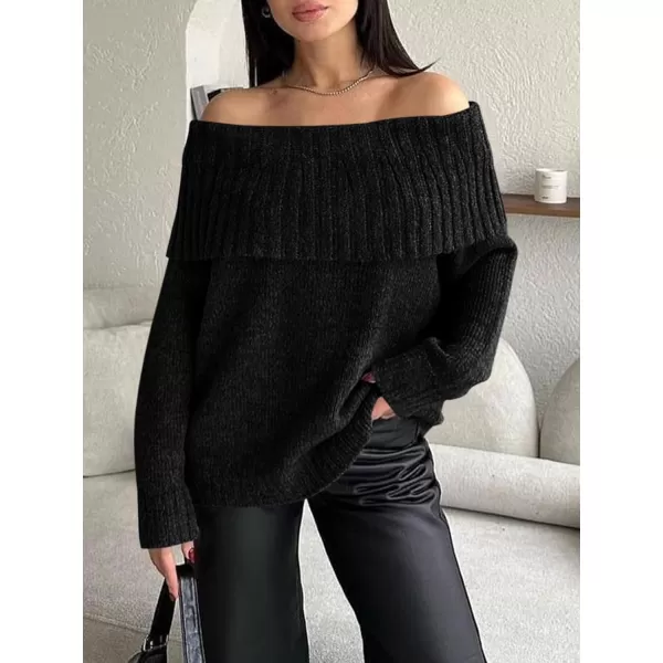 imageSaodimallsu Womens Off The Shoulder Sweaters Long Sleeve Slouchy Knitted Casual Loose Fall Trendy Pullover TopsBlack