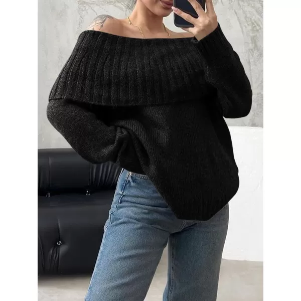 imageSaodimallsu Womens Off The Shoulder Sweaters Long Sleeve Slouchy Knitted Casual Loose Fall Trendy Pullover TopsBlack