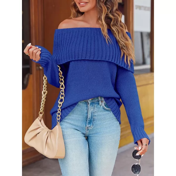 imageSaodimallsu Womens Off The Shoulder Sweaters Long Sleeve Slouchy Knitted Casual Loose Fall Trendy Pullover TopsBlue