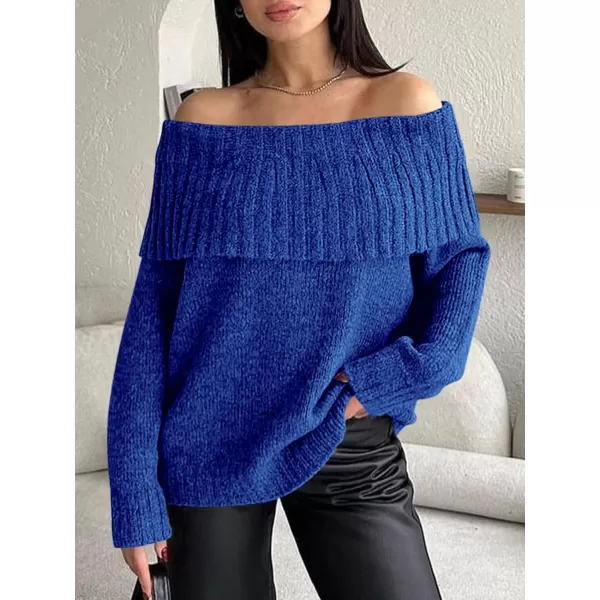 imageSaodimallsu Womens Off The Shoulder Sweaters Long Sleeve Slouchy Knitted Casual Loose Fall Trendy Pullover TopsBlue