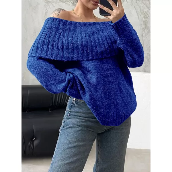 imageSaodimallsu Womens Off The Shoulder Sweaters Long Sleeve Slouchy Knitted Casual Loose Fall Trendy Pullover TopsBlue