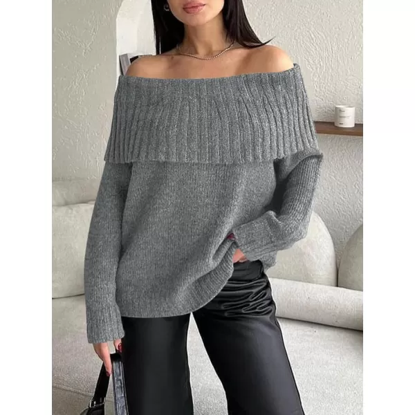 imageSaodimallsu Womens Off The Shoulder Sweaters Long Sleeve Slouchy Knitted Casual Loose Fall Trendy Pullover TopsGray