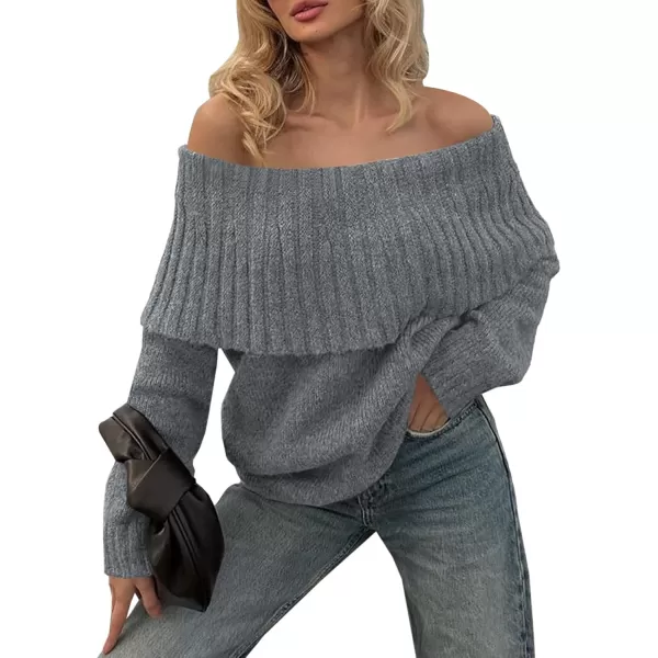 imageSaodimallsu Womens Off The Shoulder Sweaters Long Sleeve Slouchy Knitted Casual Loose Fall Trendy Pullover TopsGray