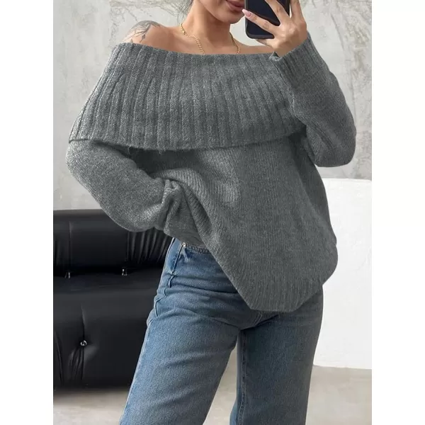 imageSaodimallsu Womens Off The Shoulder Sweaters Long Sleeve Slouchy Knitted Casual Loose Fall Trendy Pullover TopsGray