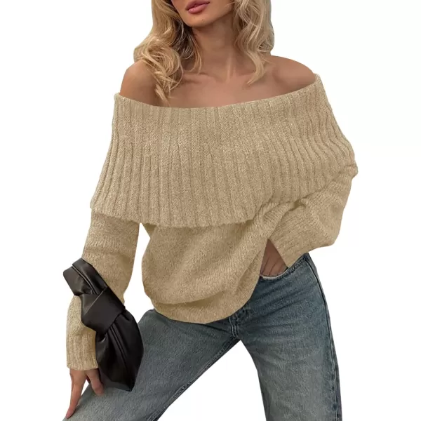 imageSaodimallsu Womens Off The Shoulder Sweaters Long Sleeve Slouchy Knitted Casual Loose Fall Trendy Pullover TopsKhaki