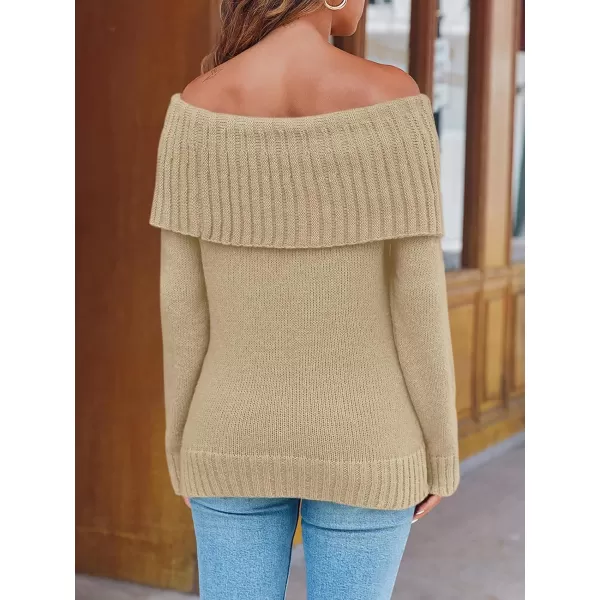 imageSaodimallsu Womens Off The Shoulder Sweaters Long Sleeve Slouchy Knitted Casual Loose Fall Trendy Pullover TopsKhaki