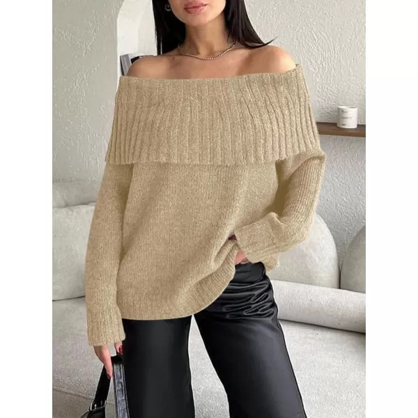 imageSaodimallsu Womens Off The Shoulder Sweaters Long Sleeve Slouchy Knitted Casual Loose Fall Trendy Pullover TopsKhaki