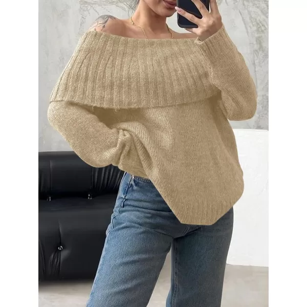 imageSaodimallsu Womens Off The Shoulder Sweaters Long Sleeve Slouchy Knitted Casual Loose Fall Trendy Pullover TopsKhaki