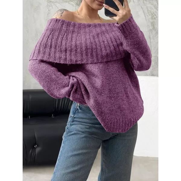 imageSaodimallsu Womens Off The Shoulder Sweaters Long Sleeve Slouchy Knitted Casual Loose Fall Trendy Pullover TopsPurple