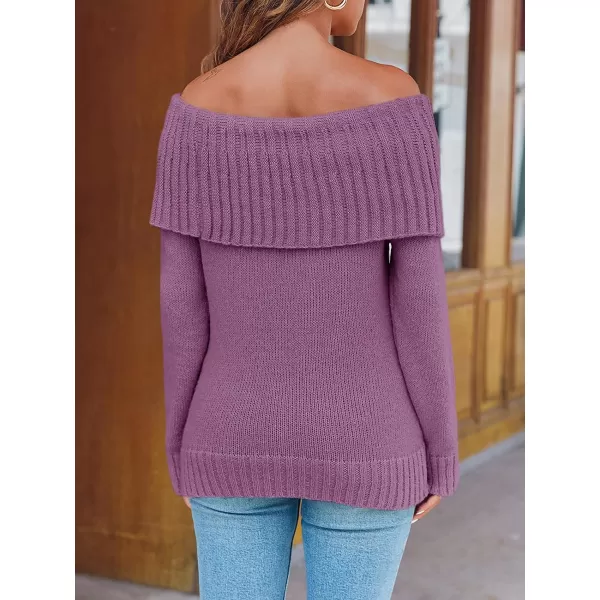 imageSaodimallsu Womens Off The Shoulder Sweaters Long Sleeve Slouchy Knitted Casual Loose Fall Trendy Pullover TopsPurple