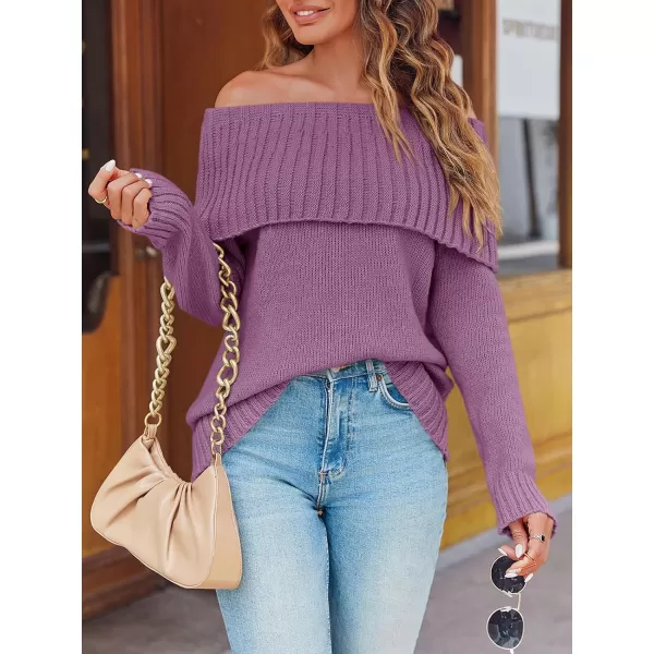 imageSaodimallsu Womens Off The Shoulder Sweaters Long Sleeve Slouchy Knitted Casual Loose Fall Trendy Pullover TopsPurple