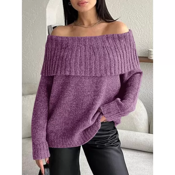 imageSaodimallsu Womens Off The Shoulder Sweaters Long Sleeve Slouchy Knitted Casual Loose Fall Trendy Pullover TopsPurple