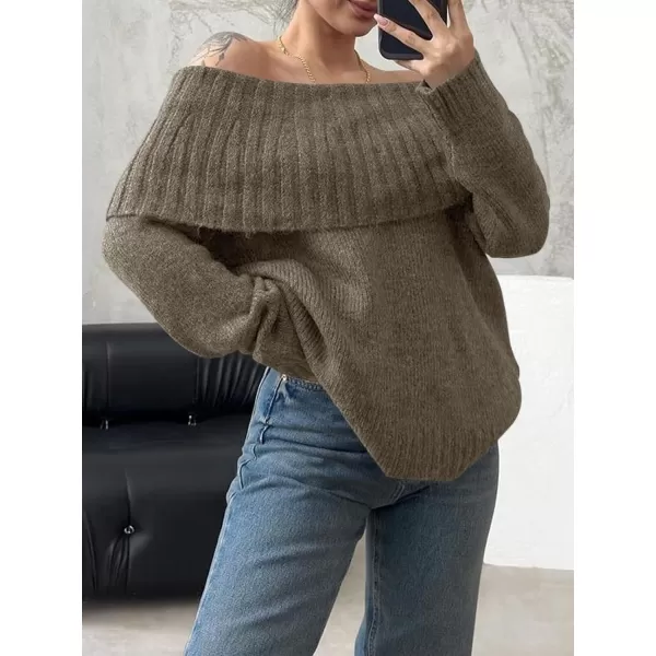 imageSaodimallsu Womens Off The Shoulder Sweaters Long Sleeve Slouchy Knitted Casual Loose Fall Trendy Pullover TopsTawny