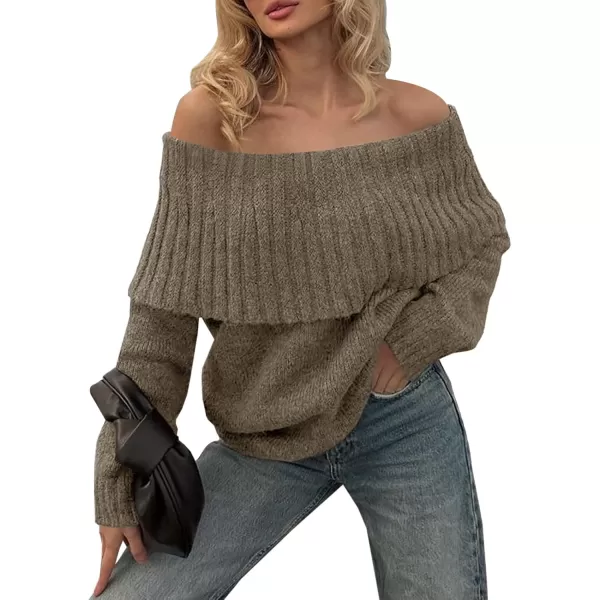 imageSaodimallsu Womens Off The Shoulder Sweaters Long Sleeve Slouchy Knitted Casual Loose Fall Trendy Pullover TopsTawny