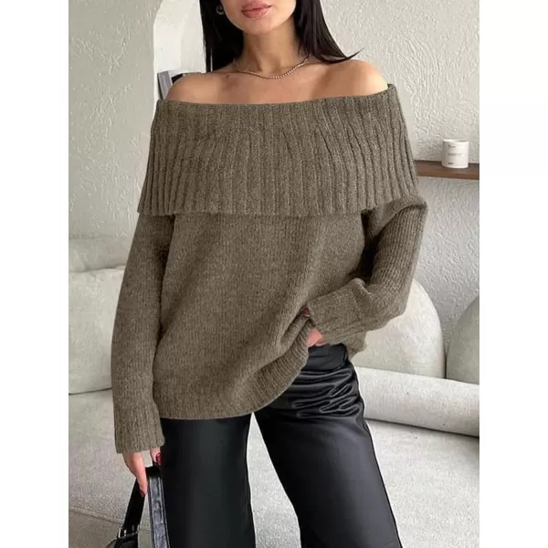 imageSaodimallsu Womens Off The Shoulder Sweaters Long Sleeve Slouchy Knitted Casual Loose Fall Trendy Pullover TopsTawny