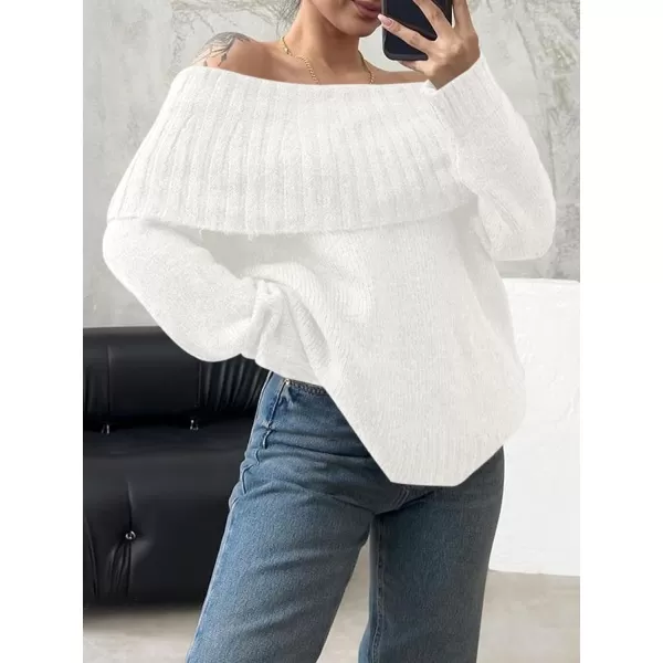 imageSaodimallsu Womens Off The Shoulder Sweaters Long Sleeve Slouchy Knitted Casual Loose Fall Trendy Pullover TopsWhite