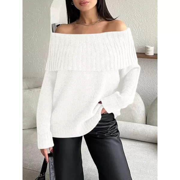 imageSaodimallsu Womens Off The Shoulder Sweaters Long Sleeve Slouchy Knitted Casual Loose Fall Trendy Pullover TopsWhite