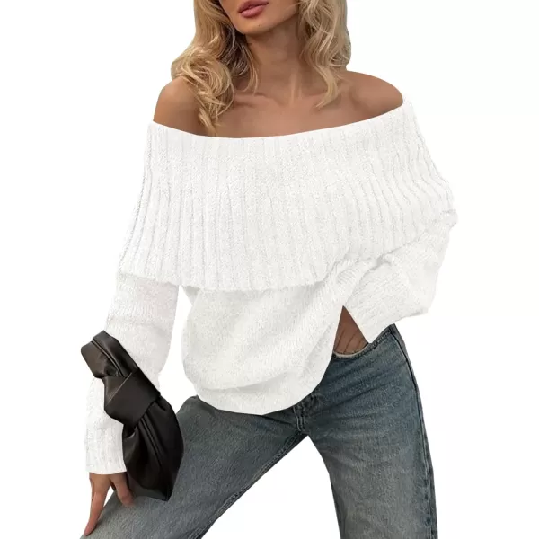 imageSaodimallsu Womens Off The Shoulder Sweaters Long Sleeve Slouchy Knitted Casual Loose Fall Trendy Pullover TopsWhite