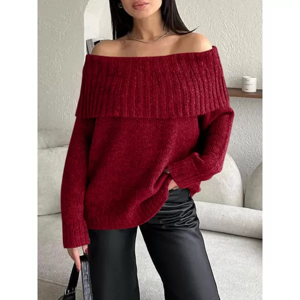 imageSaodimallsu Womens Off The Shoulder Sweaters Long Sleeve Slouchy Knitted Casual Loose Fall Trendy Pullover TopsWine Red