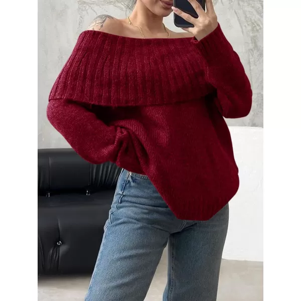 imageSaodimallsu Womens Off The Shoulder Sweaters Long Sleeve Slouchy Knitted Casual Loose Fall Trendy Pullover TopsWine Red