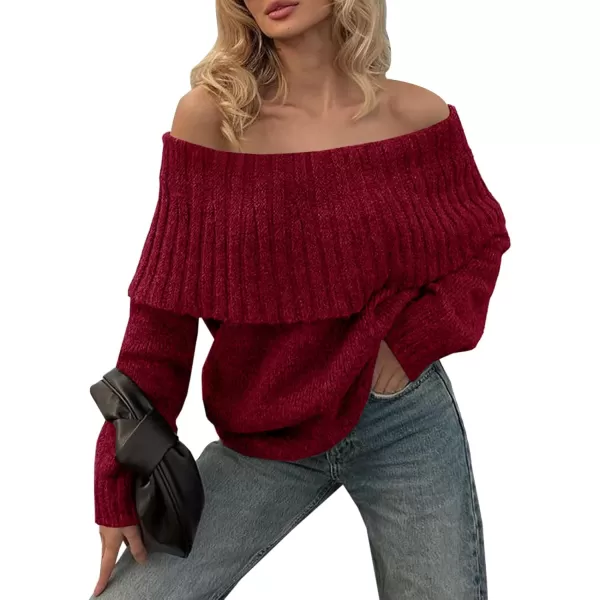 imageSaodimallsu Womens Off The Shoulder Sweaters Long Sleeve Slouchy Knitted Casual Loose Fall Trendy Pullover TopsWine Red