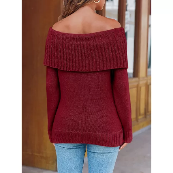 imageSaodimallsu Womens Off The Shoulder Sweaters Long Sleeve Slouchy Knitted Casual Loose Fall Trendy Pullover TopsWine Red