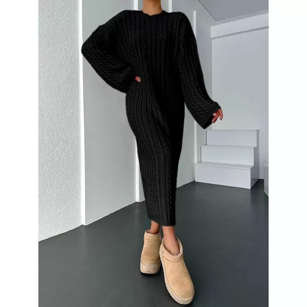 imageSaodimallsu Womens Oversized Cable Knit Sweater Dress Drop Shoulder Long Sleeve Loose Fall Midi Pullover Sweater DressesBlack