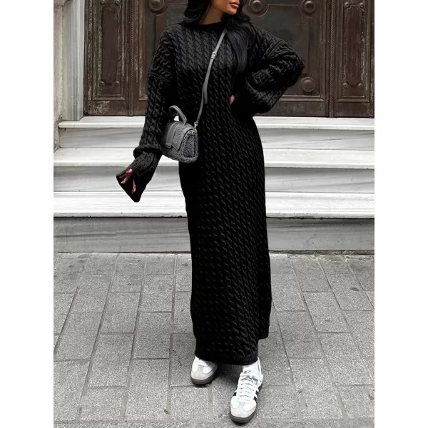 imageSaodimallsu Womens Oversized Cable Knit Sweater Dress Drop Shoulder Long Sleeve Loose Fall Midi Pullover Sweater DressesBlack