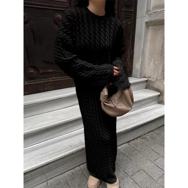 imageSaodimallsu Womens Oversized Cable Knit Sweater Dress Drop Shoulder Long Sleeve Loose Fall Midi Pullover Sweater DressesBlack