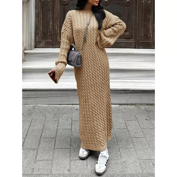 imageSaodimallsu Womens Oversized Cable Knit Sweater Dress Drop Shoulder Long Sleeve Loose Fall Midi Pullover Sweater DressesKhaki