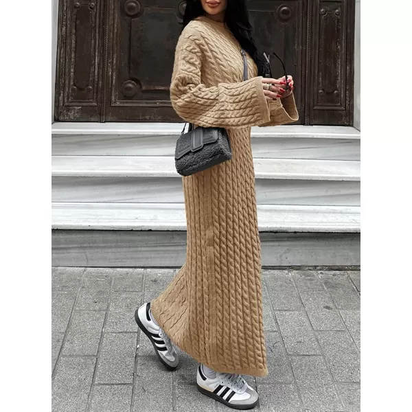 imageSaodimallsu Womens Oversized Cable Knit Sweater Dress Drop Shoulder Long Sleeve Loose Fall Midi Pullover Sweater DressesKhaki