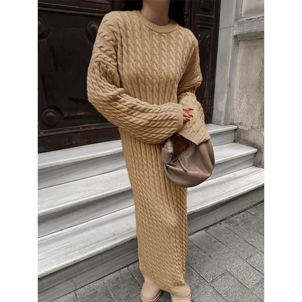 imageSaodimallsu Womens Oversized Cable Knit Sweater Dress Drop Shoulder Long Sleeve Loose Fall Midi Pullover Sweater DressesKhaki