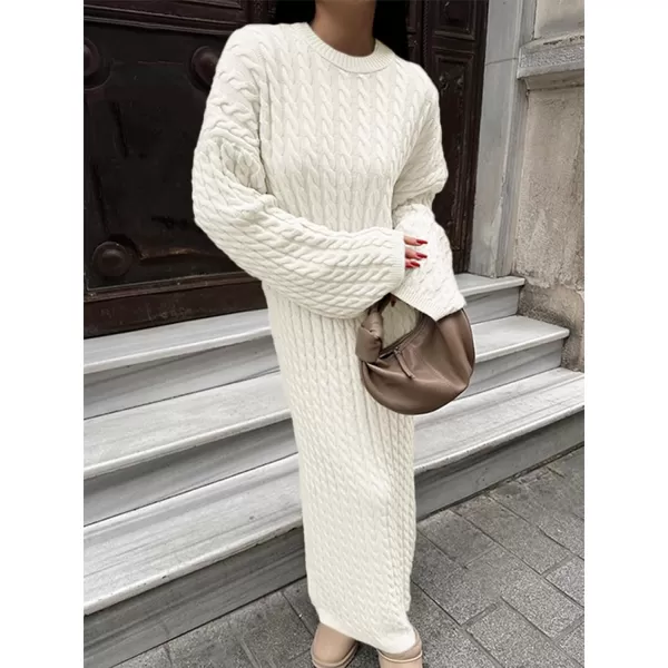 imageSaodimallsu Womens Oversized Cable Knit Sweater Dress Drop Shoulder Long Sleeve Loose Fall Midi Pullover Sweater DressesWhite