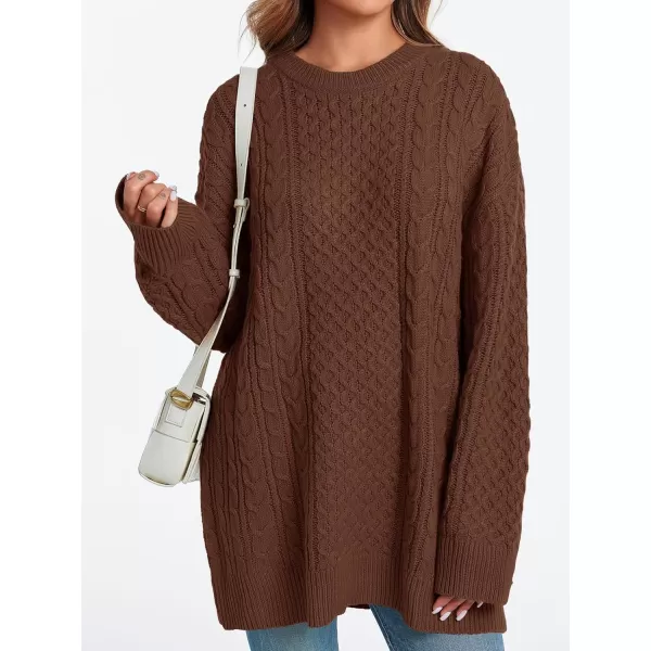 imageSaodimallsu Womens Oversized Sweaters Chunky Cable Knit Crewneck Long Sleeve Loose Tunic Sweater TopsBrown