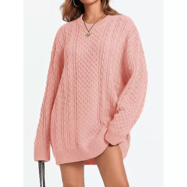 imageSaodimallsu Womens Oversized Sweaters Chunky Cable Knit Crewneck Long Sleeve Loose Tunic Sweater TopsPink