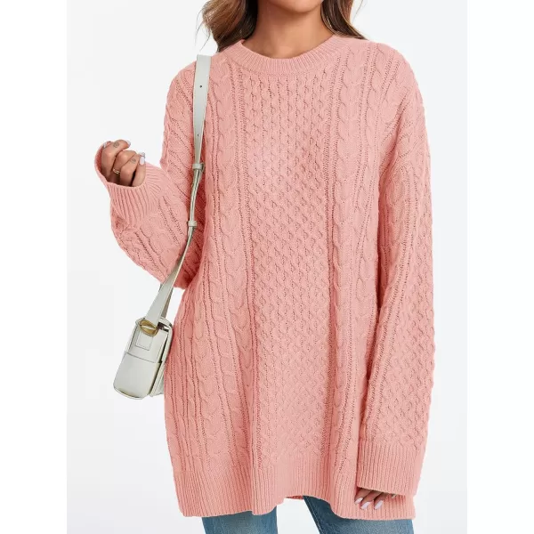 imageSaodimallsu Womens Oversized Sweaters Chunky Cable Knit Crewneck Long Sleeve Loose Tunic Sweater TopsPink