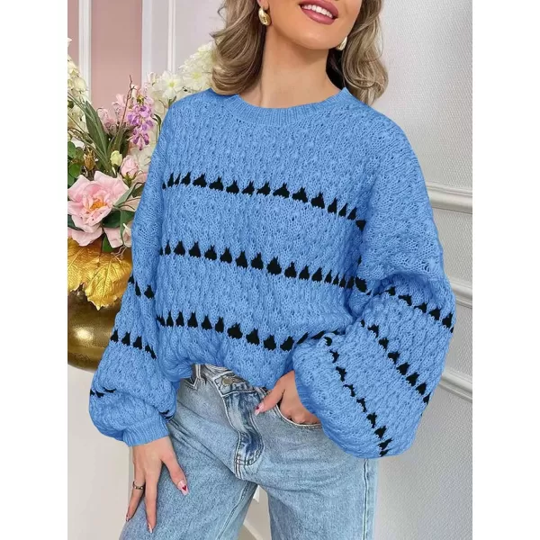 imageSaodimallsu Womens Oversized Sweaters Striped Long Lantern Sleeve Crew Neck Fall Trendy Knit Pullover SweaterBlue